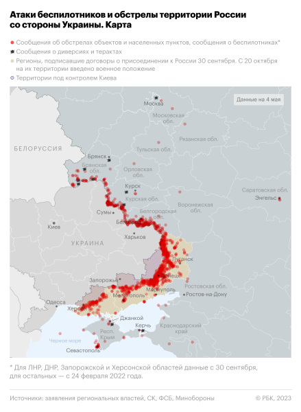 Атаки беспилотников и обстрелы территории России. Карта