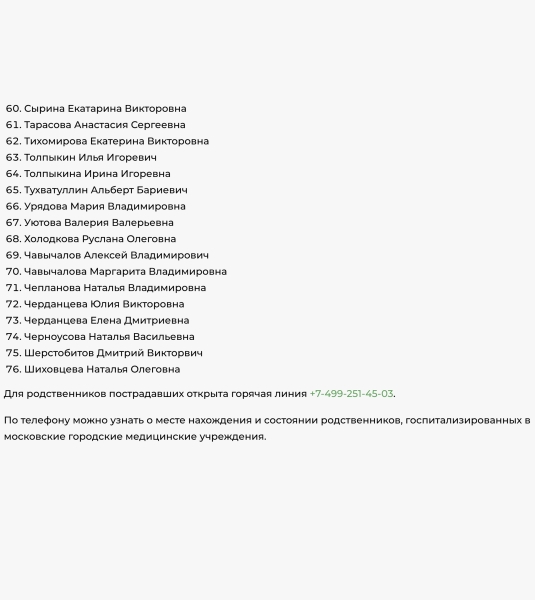 Мэрия Москвы опубликовала список 76 госпитализированных в больницы