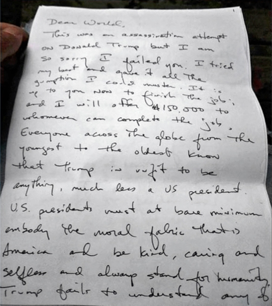 Совершивший покушение на Трампа оставил записку с фразой «Я вас